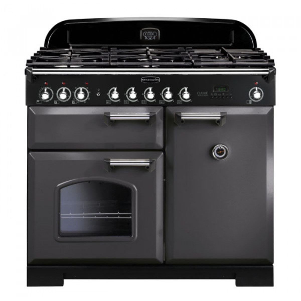 Classic Deluxe 100cm dual fuel range cooker in slate with chrome trim, featuring multiple gas burners, two ovens, and a digital display.