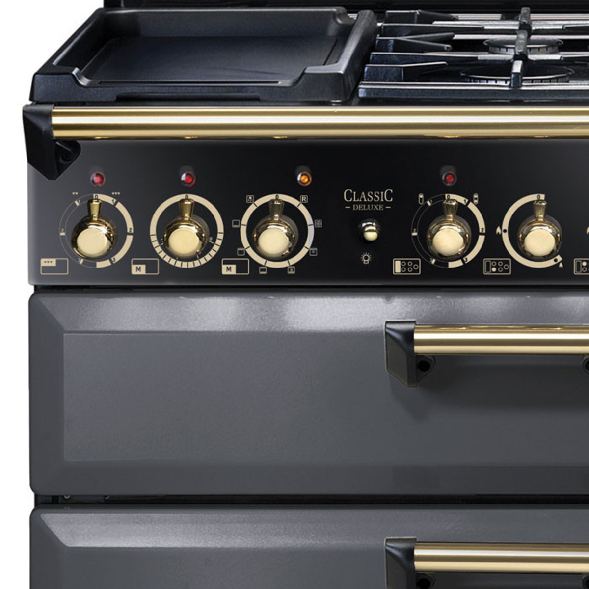 Classic Deluxe 110cm dual fuel range cooker in slate with brass trim, featuring six control knobs, a large gas hob, and two spacious oven compartments.