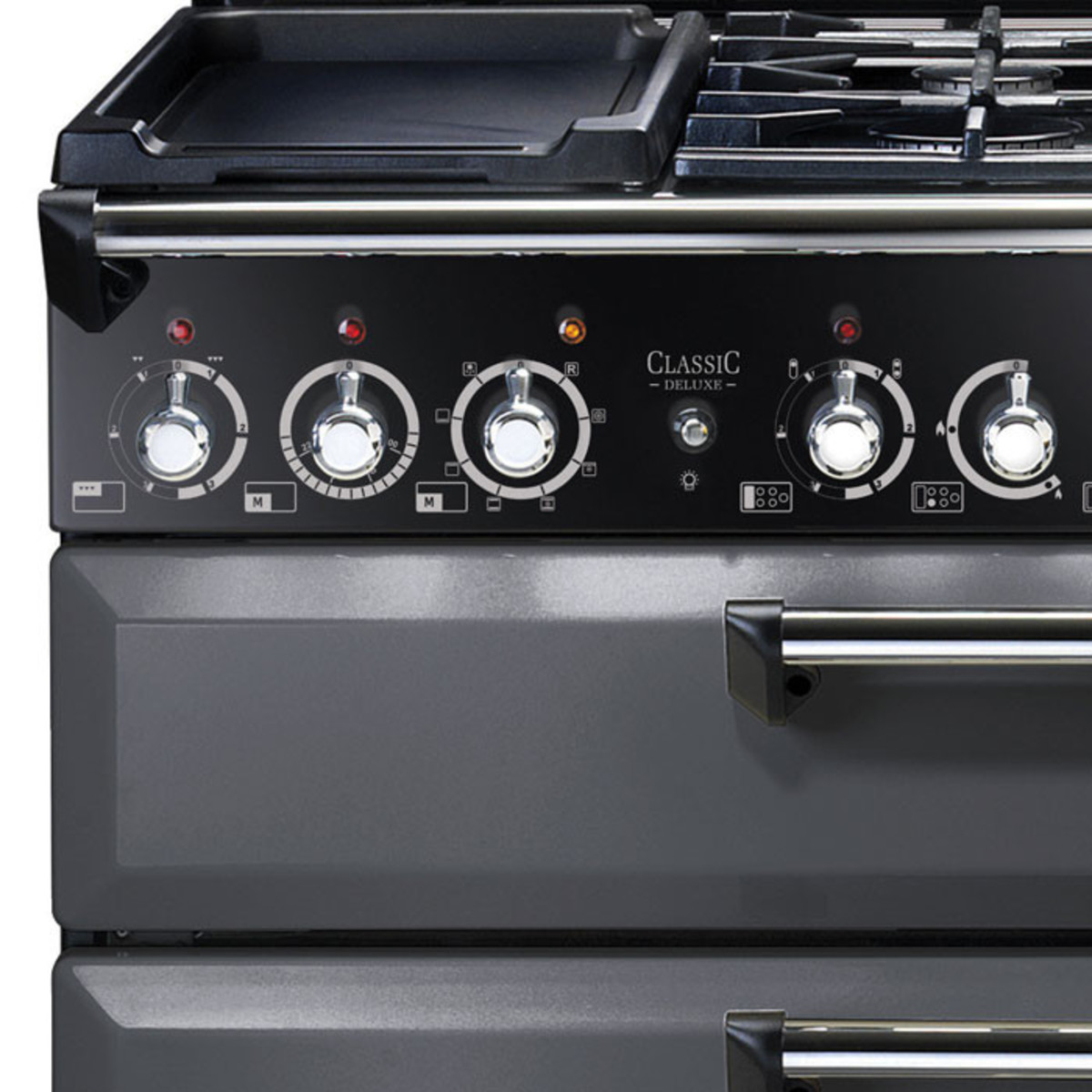 Classic Deluxe 110cm dual fuel range cooker in slate with chrome trim, featuring a gas hob with five burners, control knobs, and two large oven doors.