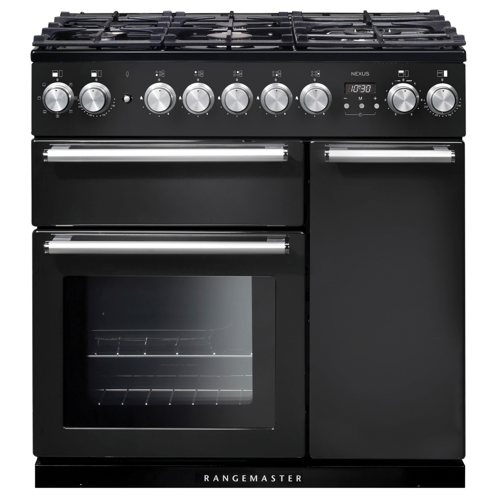 Charcoal black dual fuel range cooker with chrome trim, featuring five gas burners, two ovens with glass doors, and control knobs for precise temperature settings.