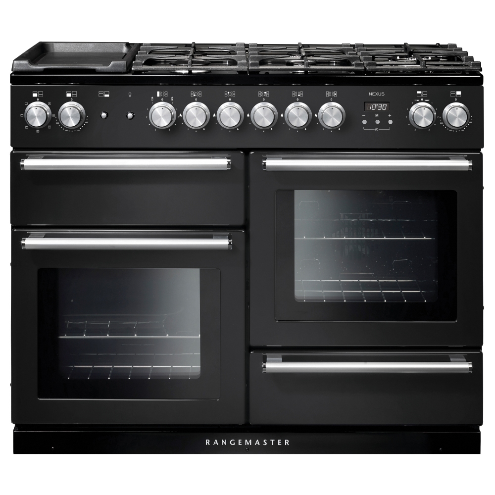 125820 NEXUS 110cm Dual Fuel Range Cooker in charcoal black with chrome trim, featuring five gas burners, two spacious ovens, and a sleek control panel with stainless steel knobs.