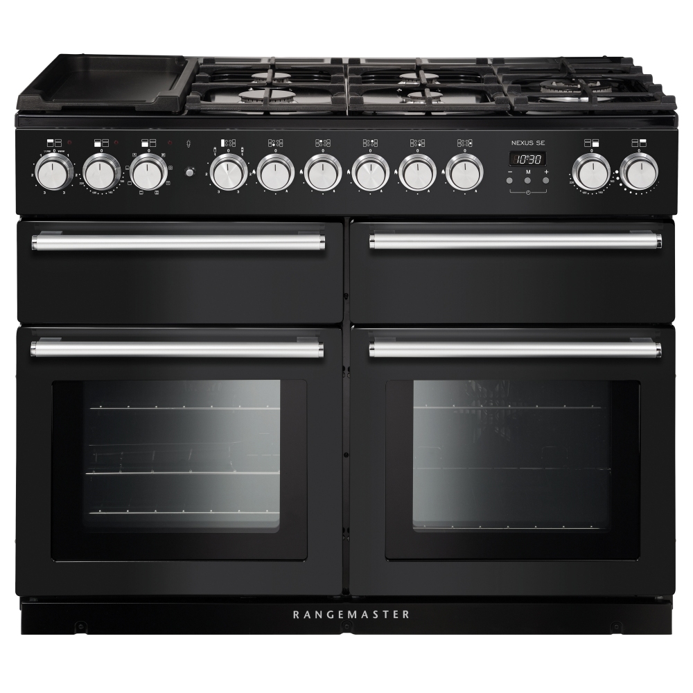125870 NEXUS SE 110cm Dual Fuel Range Cooker in charcoal black with chrome trim, featuring multiple gas burners, two large ovens, and a sleek control panel with dials.