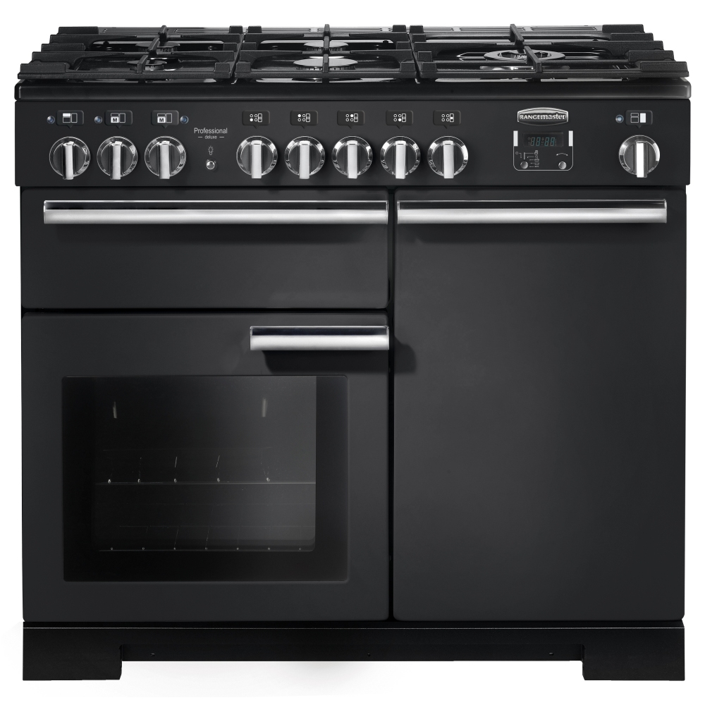 Black and chrome Rangemaster PDL100DFFCBC dual fuel range cooker with five gas burners, stainless steel knobs, and a large glass oven door.