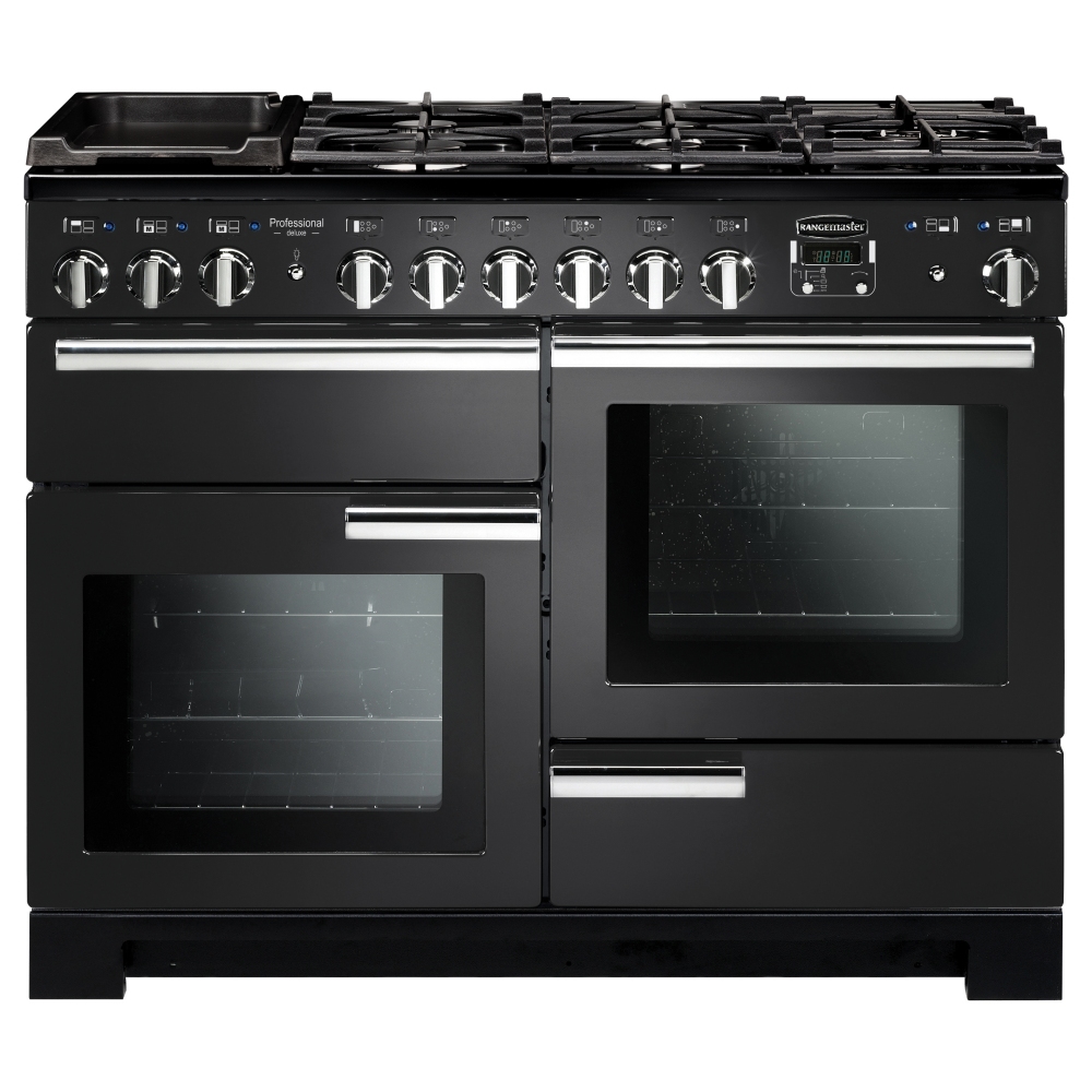 Deluxe 110cm dual fuel range cooker in charcoal black with chrome trim, featuring multiple gas burners, two ovens, and a sleek control panel.