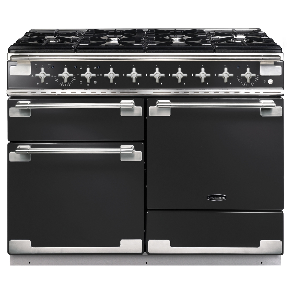 Charcoal black dual fuel range cooker with brushed nickel trim, featuring five gas burners, chrome control knobs, and two spacious ovens with stainless steel handles.