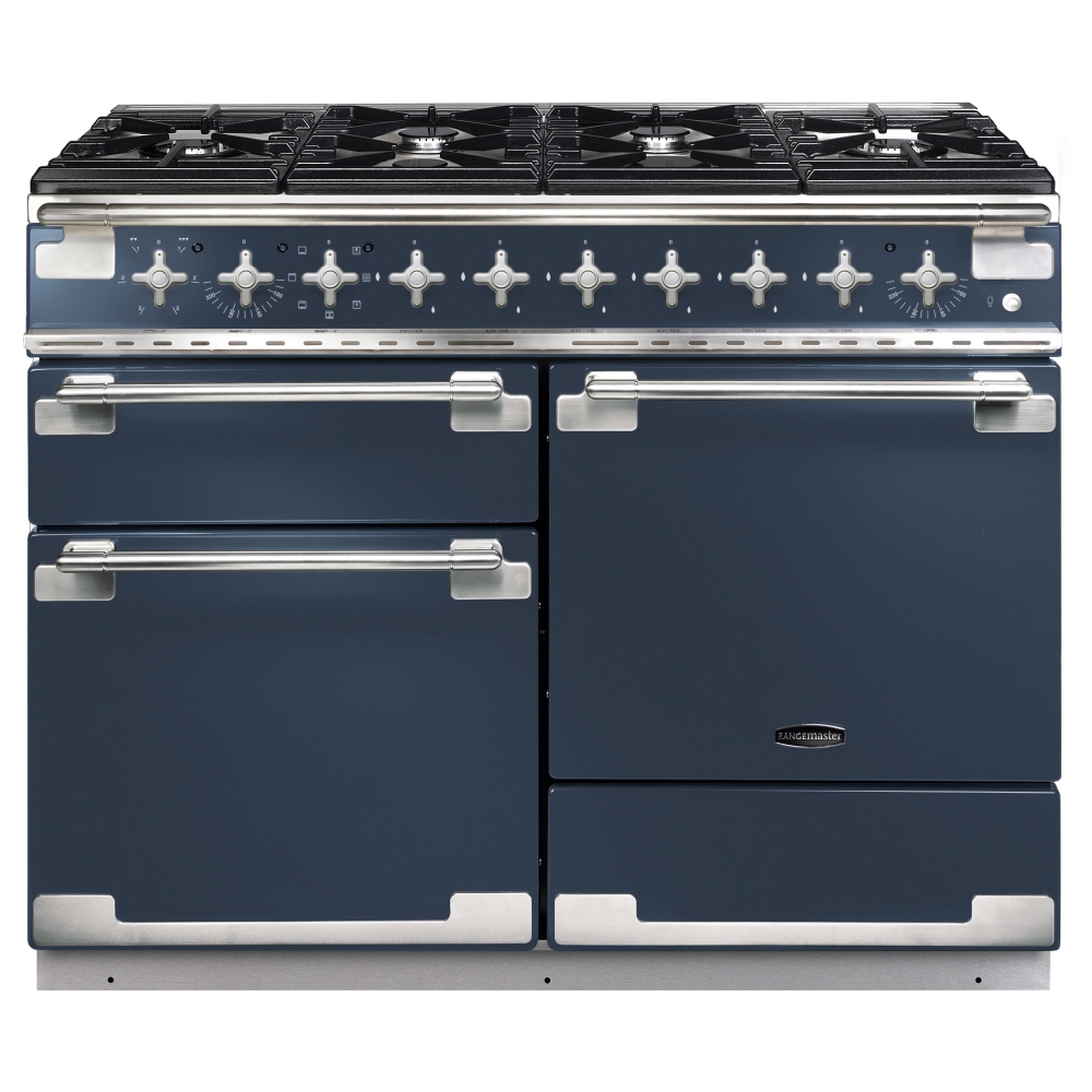 Dual fuel range cooker in stone blue with brushed nickel trim, featuring five gas burners, two ovens, and chrome control knobs for precise cooking.