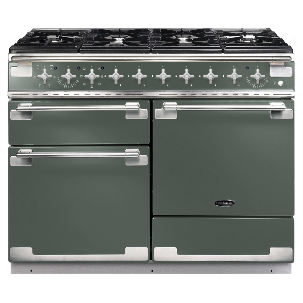 Dual fuel range cooker in mineral green with brushed nickel trim, featuring five gas burners, two ovens, and chrome control knobs for a classic, stylish look.