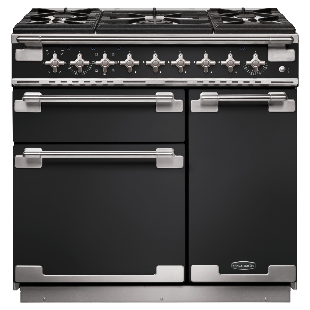 90cm dual fuel range cooker in charcoal black with brushed nickel trim, featuring five gas burners, a sleek control panel with knobs, and two spacious oven compartments.