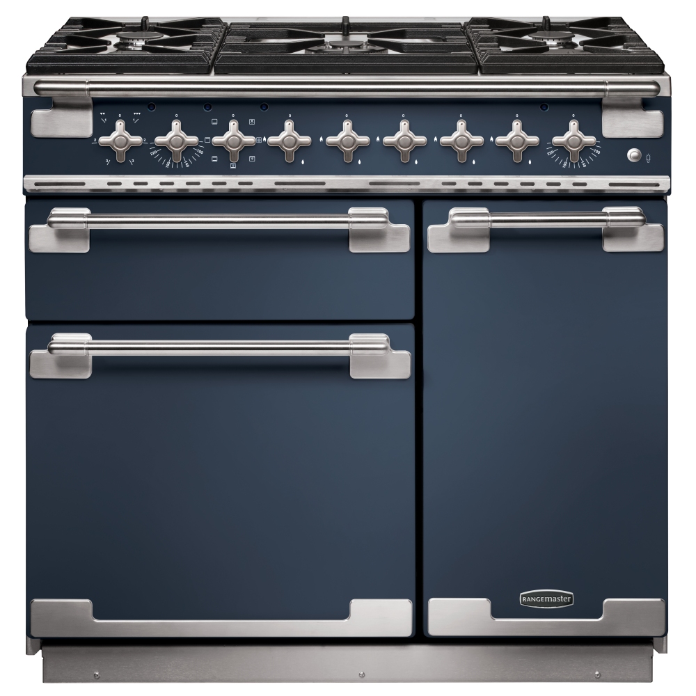 90cm dual fuel range cooker in stone blue with brushed nickel trim, featuring five gas burners, chrome control knobs, and two spacious ovens with stainless steel handles.
