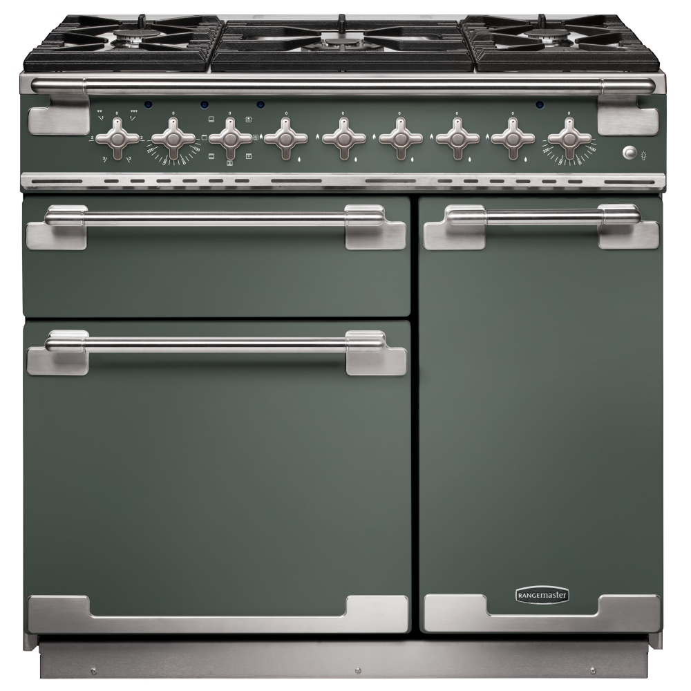 90cm dual fuel range cooker in mineral green with brushed nickel trim, featuring five gas burners, a stainless steel oven door, and control knobs along the front.