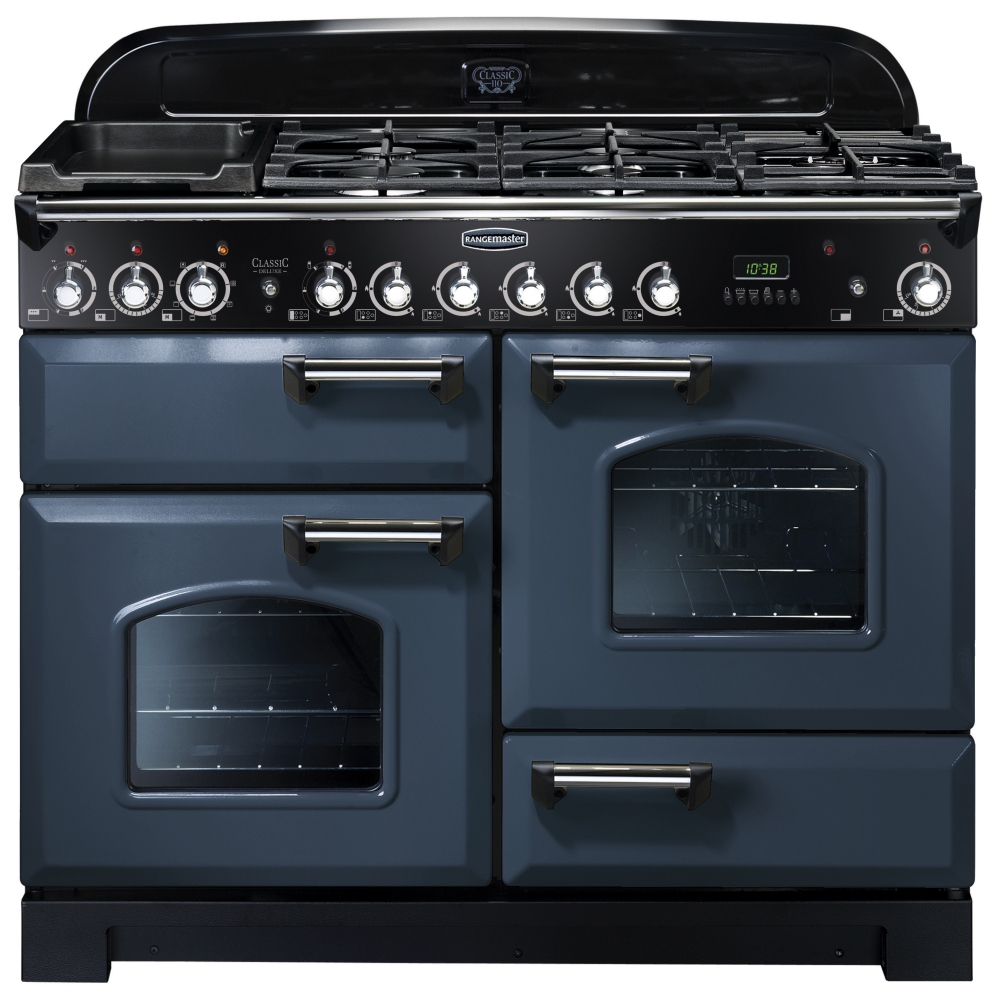 Classic Deluxe 110cm dual fuel range cooker in stone blue with chrome trim, featuring five gas burners, two ovens with glass doors, and a sleek black control panel.