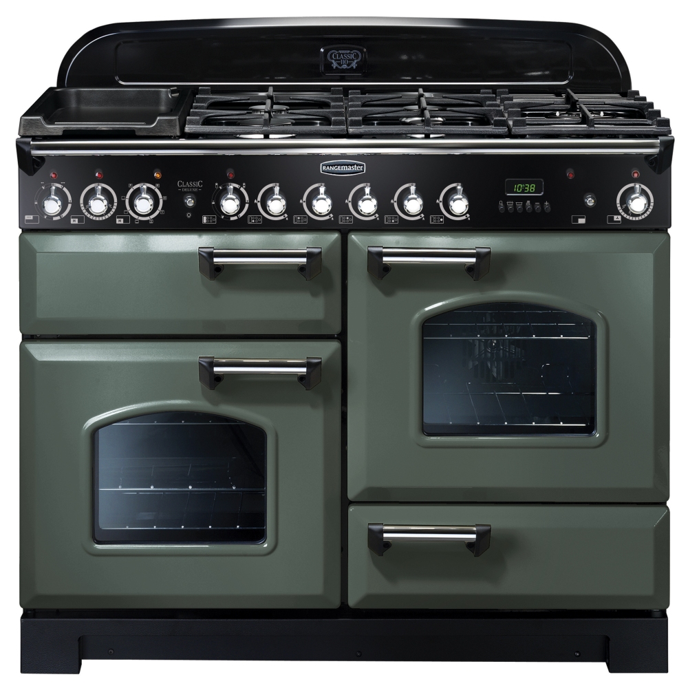 Classic Deluxe 110cm dual fuel range cooker in mineral green with chrome trim, featuring five gas burners, a griddle, and two large glass-fronted ovens.
