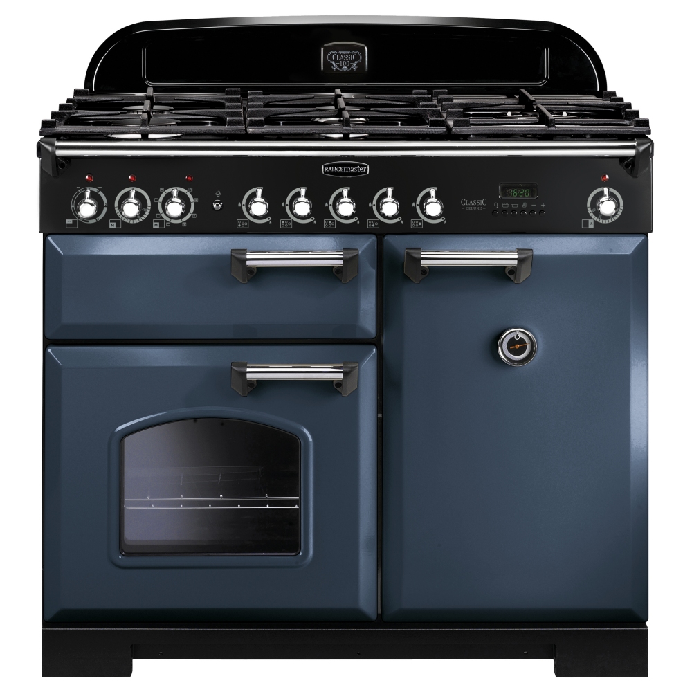 Classic Deluxe 100cm dual fuel range cooker in stone blue with chrome trim, featuring five gas burners, a digital display, and two oven compartments with a glass window.
