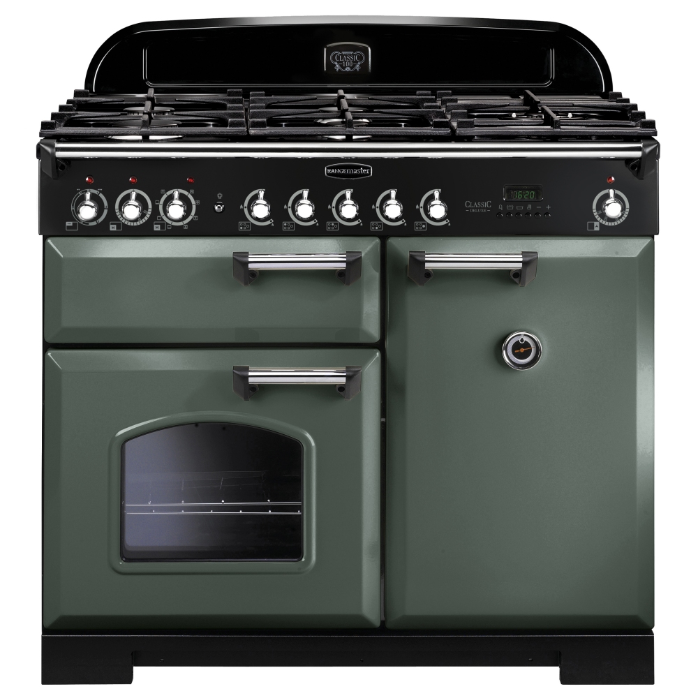 Classic Deluxe 100cm dual fuel range cooker in mineral green with chrome trim, featuring a black control panel, five gas burners, and two oven doors with a viewing window.