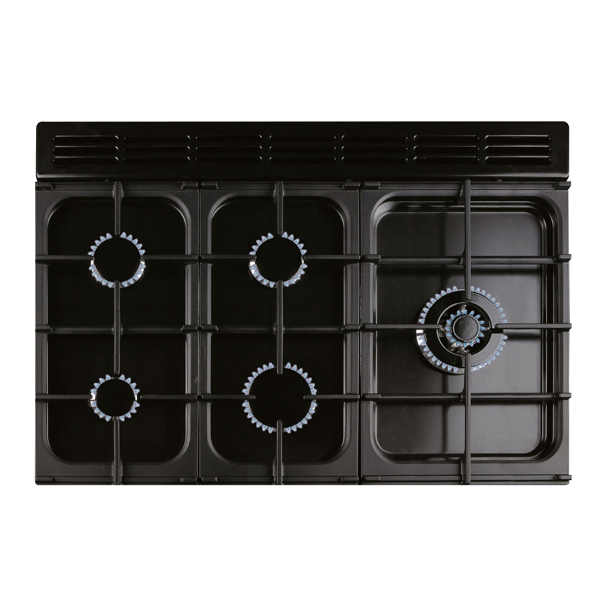 Charcoal black dual fuel range cooker with chrome trim, featuring five gas burners and a sleek, modern design, perfect for stylish kitchens.