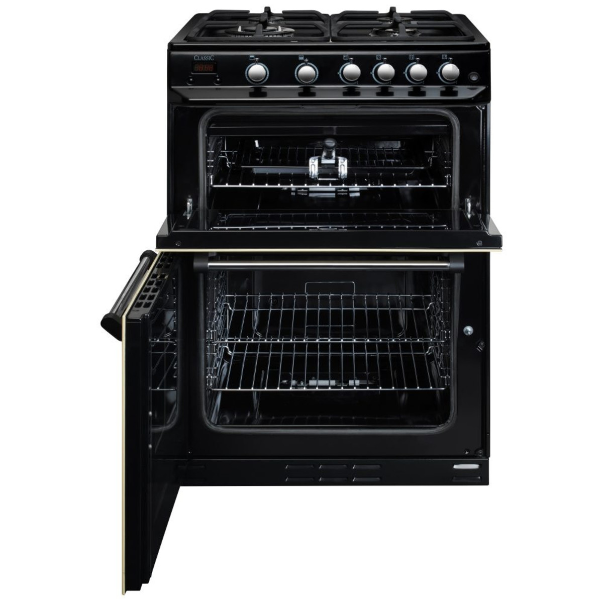 Classic 60cm gas range cooker in cream with chrome trim, featuring four gas burners, a large oven with glass door, and two wire racks inside.
