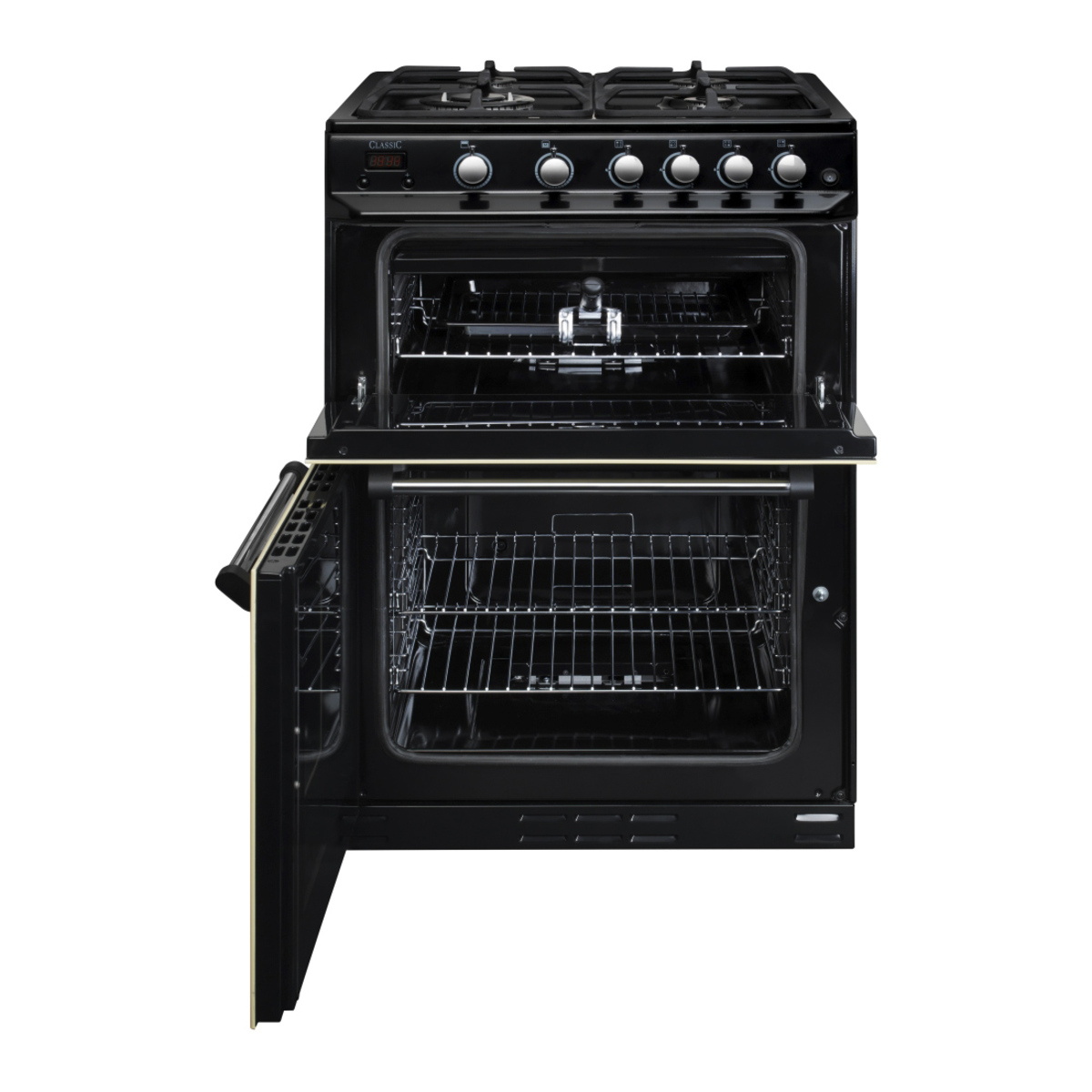 Classic 60cm dual fuel cooker in black with five gas burners, a large oven with a glass door, and chrome wire racks inside.