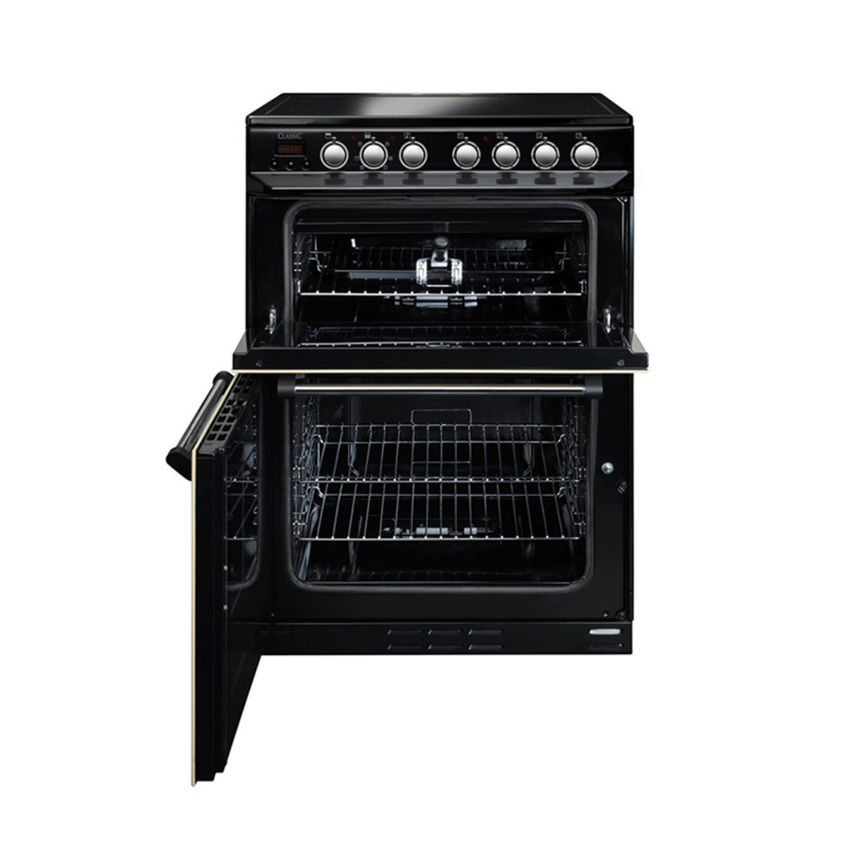Cream-colored Rangemaster CLA60EICRC Classic 60cm electric induction cooker with a black top, five control knobs, and two spacious ovens featuring wire racks.
