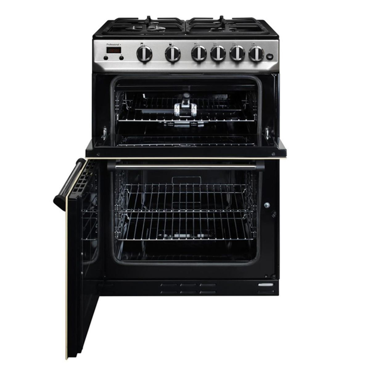 Stainless steel Rangemaster PROPL60DFFSSC dual fuel cooker featuring five gas burners, a large oven with a glass door, and a sleek black finish on the lower section.