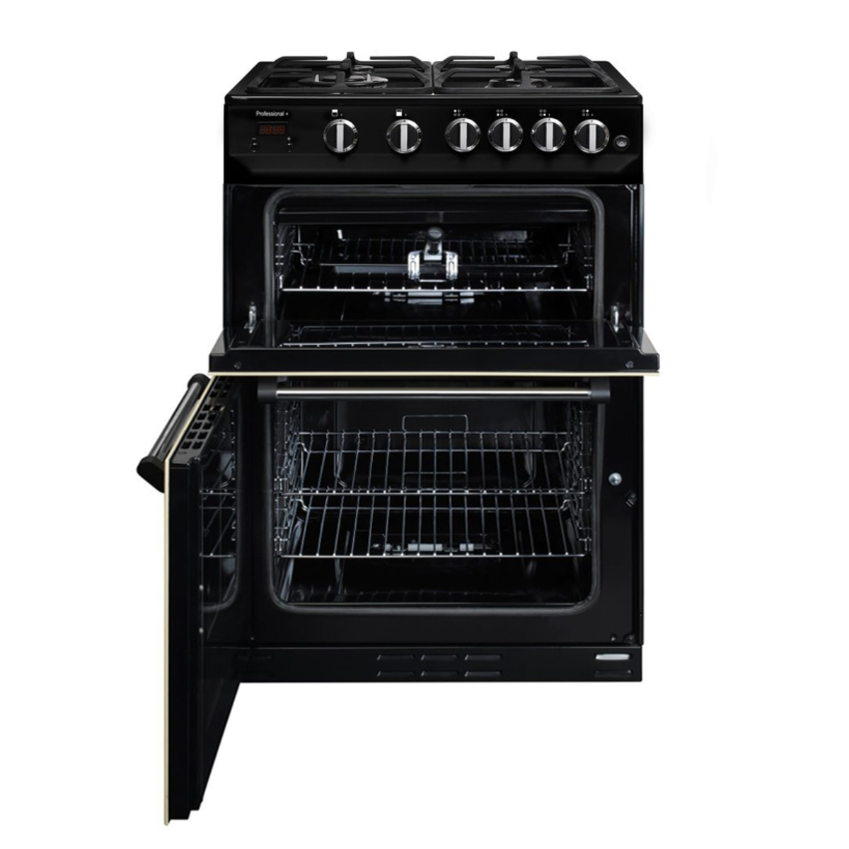 Black Rangemaster PROPL60DFFBLC Professional Plus 60cm dual fuel cooker featuring five gas burners, a large oven with two wire racks, and a sleek design.