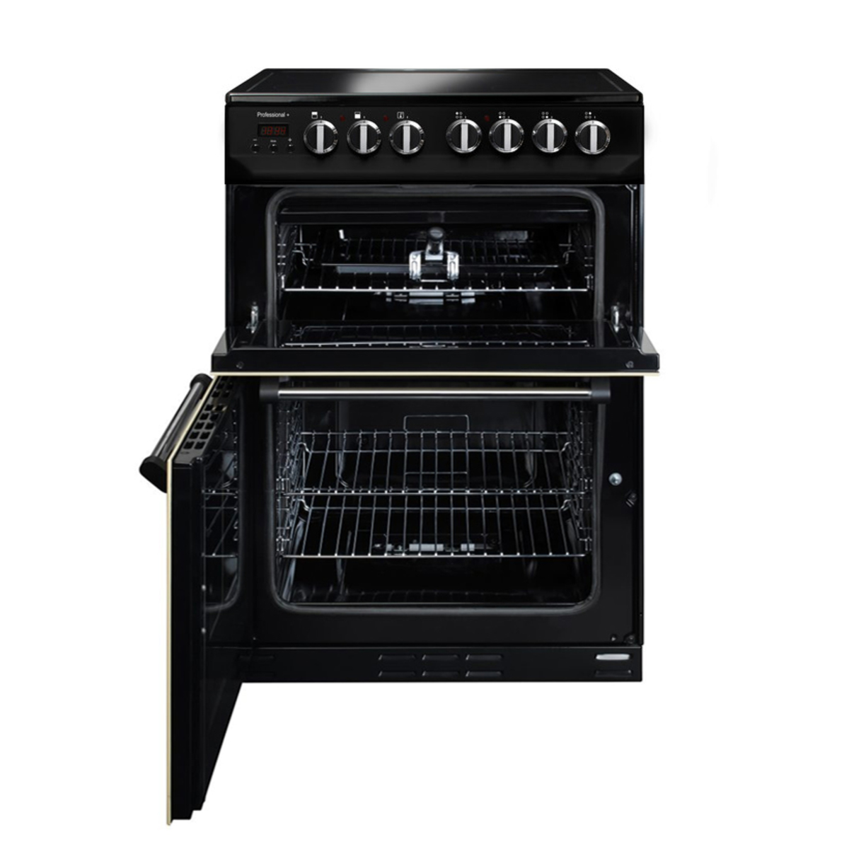 Stainless steel Rangemaster PROPL60EISSC 60cm electric induction cooker featuring a sleek black finish, five control knobs, and a spacious oven with two wire racks.