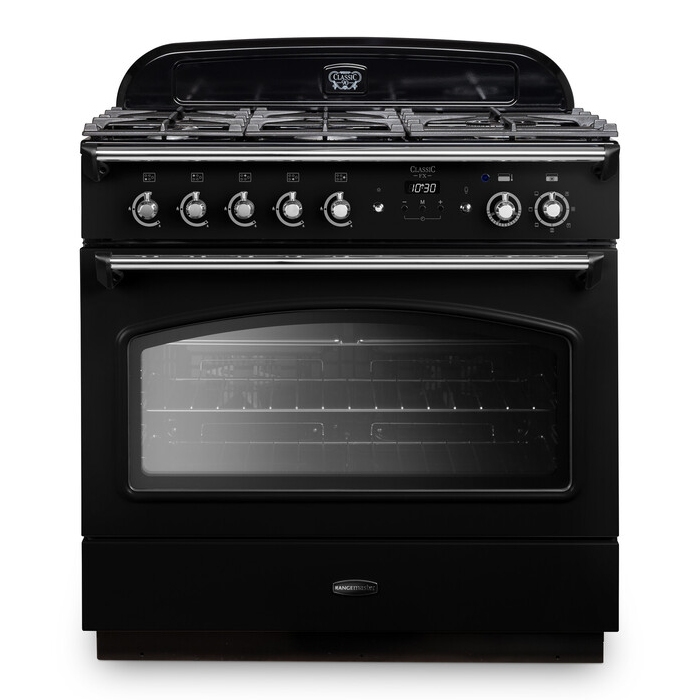 Classic 90cm dual fuel range cooker in black and chrome, featuring five gas burners, a large glass oven door, and chrome control knobs for precise cooking.