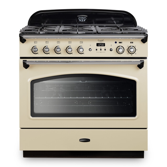 Cream and chrome 90cm dual fuel range cooker featuring a large glass oven door, multiple control knobs, and a black top with gas burners.