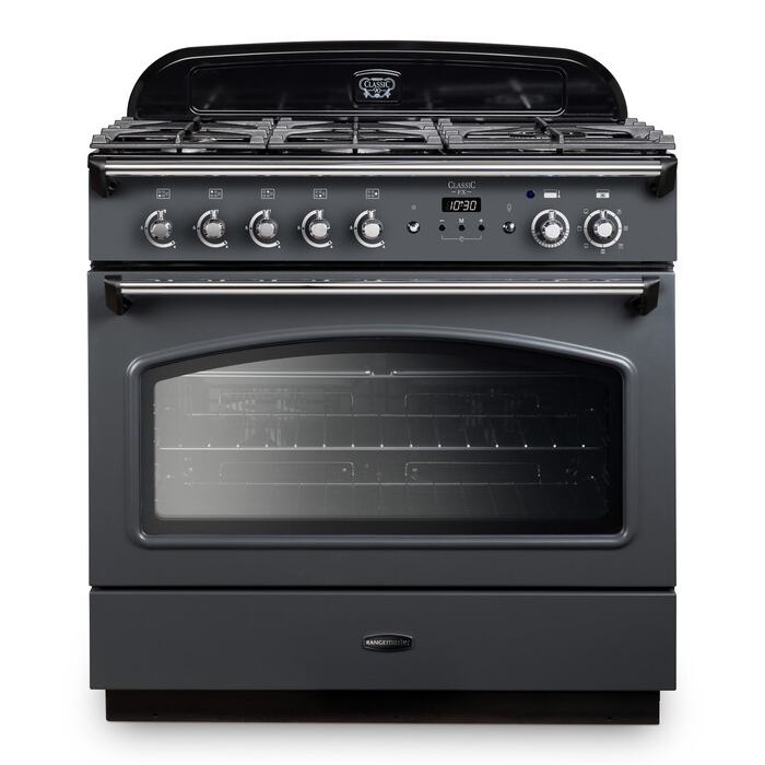 Classic 90cm dual fuel cooker in slate and chrome, featuring a sleek design, five gas burners, chrome knobs, and a large glass oven door with a digital display.