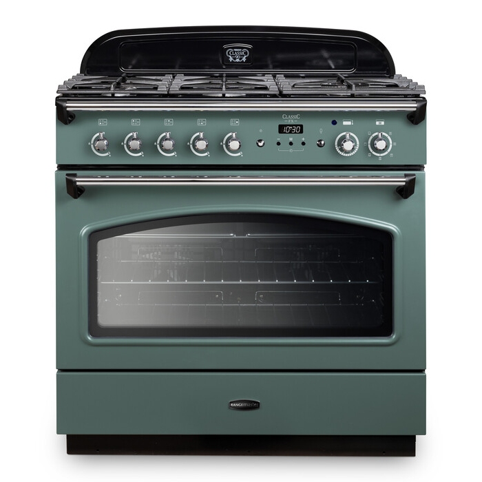 Classic 90cm dual fuel range cooker in mineral green with chrome accents, featuring five gas burners, a digital display, and a large glass oven door.