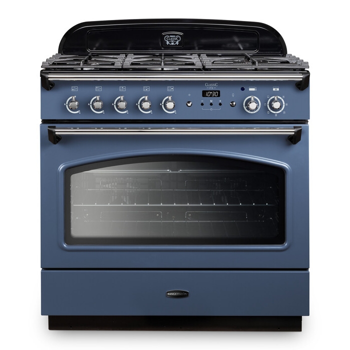 Classic FX 90cm dual fuel range cooker in stone blue with chrome trim, featuring six gas burners, a digital display, and a large glass oven door.