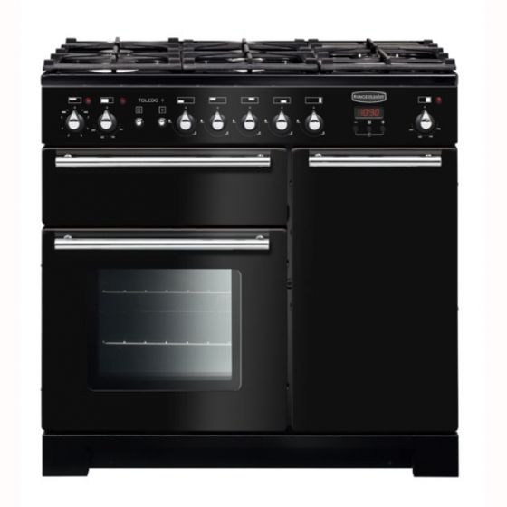 Classic FX 90cm dual fuel range cooker in black with brass trim, featuring a gas hob with multiple burners, two oven compartments, and stylish control knobs.