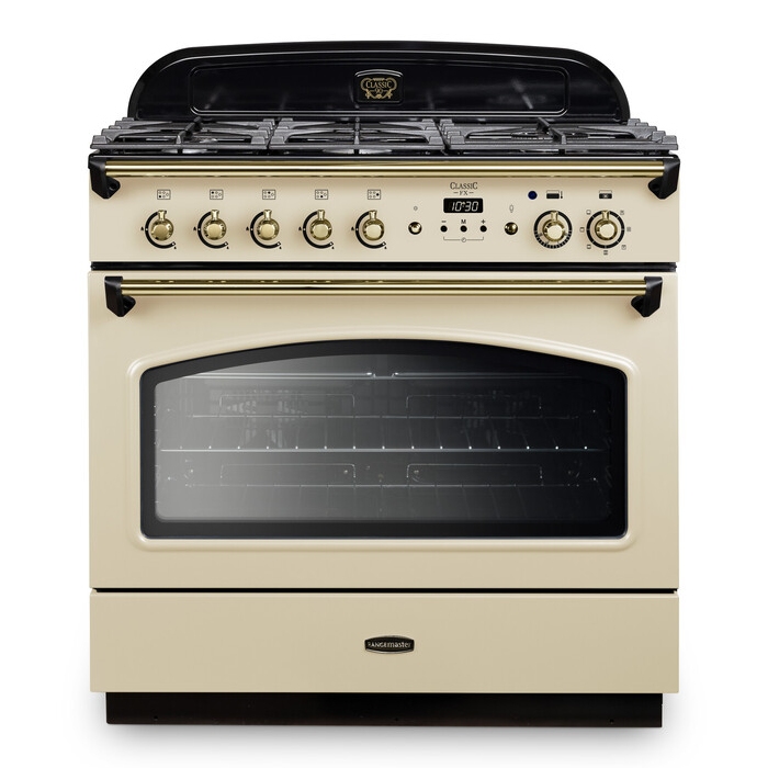 Cream and brass Rangemaster CLAS90FXDFFCRB Classic 90cm dual fuel range cooker featuring six burners, a large oven window, and a sleek black control panel.