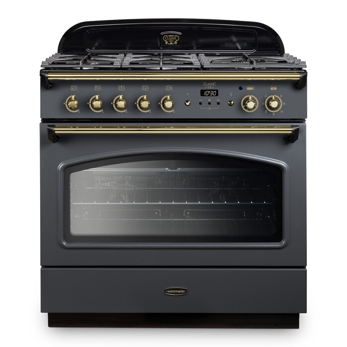 Classic FX 90cm dual fuel range cooker in slate with brass trim, featuring six gas burners, a digital display, and a large glass oven door for easy viewing.