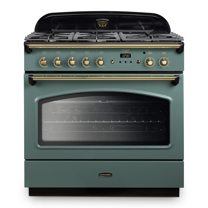 Classic 90cm dual fuel range cooker in mineral green with brass accents, featuring a black enamelled lid, five gas burners, and a large glass oven door.