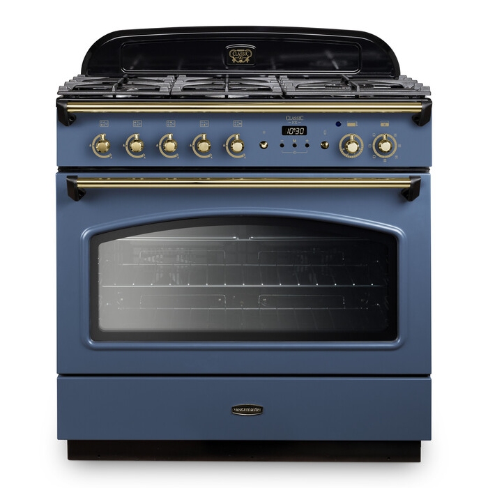 Classic FX 90cm dual fuel range cooker in stone blue with brass trim, featuring five gas burners, an oven with a glass door, and control knobs on the front.