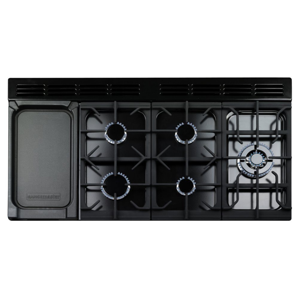 Classic Deluxe 110cm dual fuel range cooker in charcoal black with chrome trim, featuring six gas burners and a griddle, showcasing a sleek, modern design.