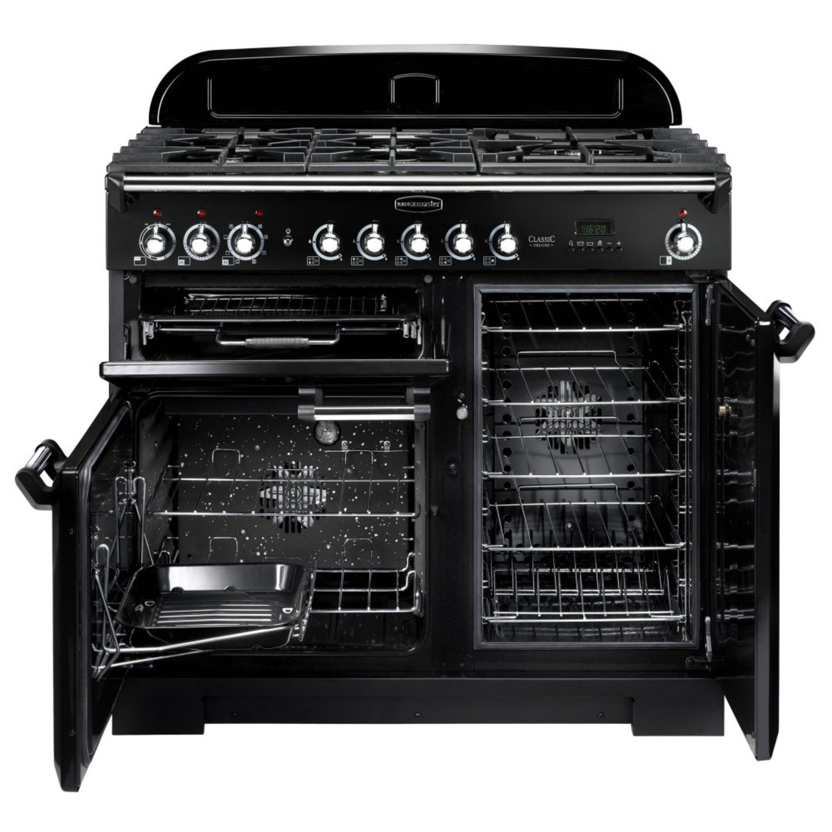 Classic Deluxe 100cm dual fuel range cooker in charcoal black with chrome trim, featuring six gas burners, two ovens, and a sleek design with a digital display.