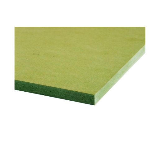 Green moisture-resistant MDF board with dimensions 12mm x 2440mm x 1220mm, featuring a smooth surface and straight edges, ideal for trade applications.