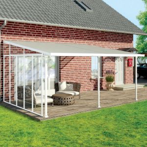 White 13' Palram Canopia Patio Cover Side Wall Series 4 with a sleek design, featuring clear panels, metal frame, and a modern aesthetic, enhancing outdoor space by a brick house.