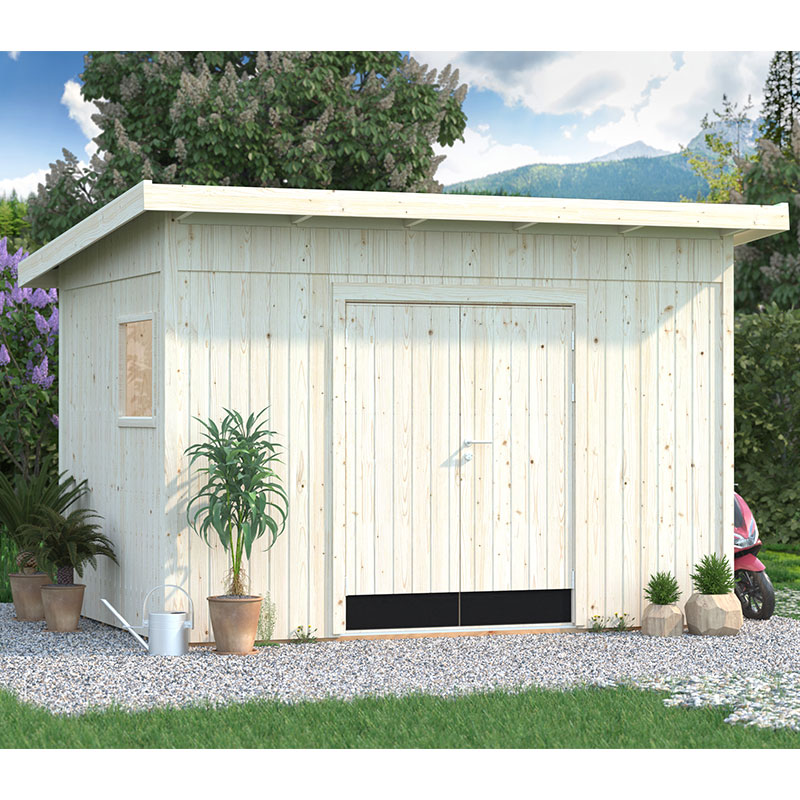 Light-colored wooden pent shed with a flat roof, double doors, side window, and surrounded by potted plants, set against a backdrop of greenery and mountains.
