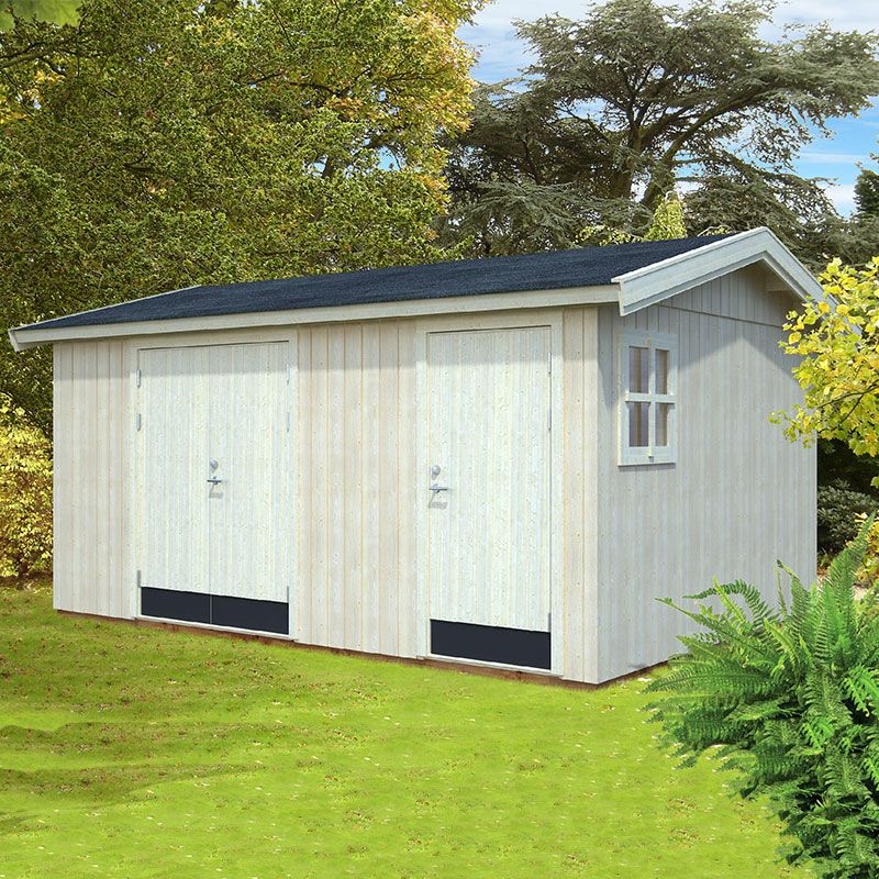 Light-colored wooden multi-room shed with a sloped black roof, featuring two double doors, a small window, and surrounded by greenery.