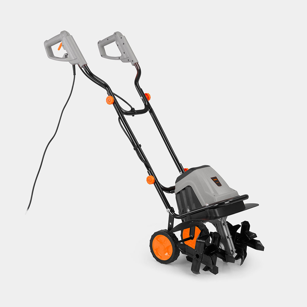 Black and gray 1500W electric tiller with orange accents, featuring dual handles, a sturdy frame, and metal tines for efficient soil cultivation.