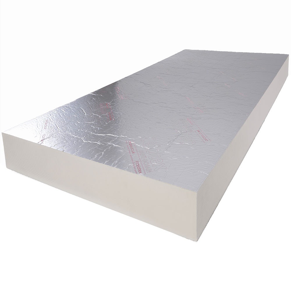 Celotex PIR insulation board XR4000, measuring 150mm x 2400mm x 1200mm, features a smooth white foam core with a reflective silver foil surface.