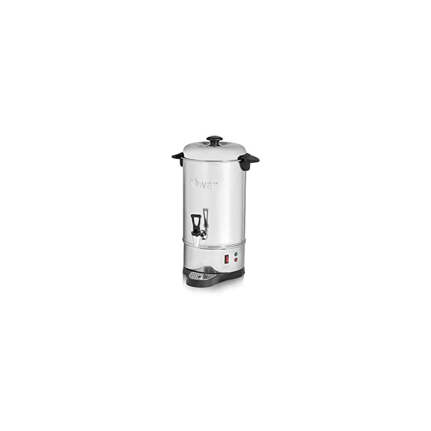 Stainless steel catering urn with a polished finish, 2200W power, 16-litre capacity, featuring a black base, a tap for dispensing, and a lid with a handle.