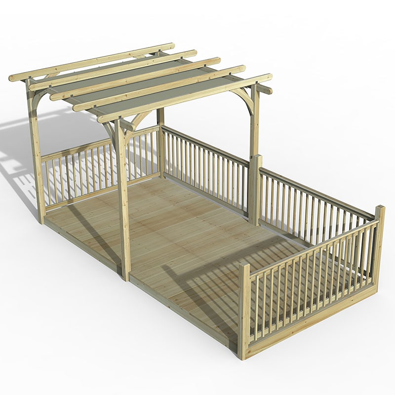 16' x 8' wooden pergola deck kit featuring a retractable canopy, natural wood finish, open slatted roof, and surrounding railings, ideal for outdoor spaces.