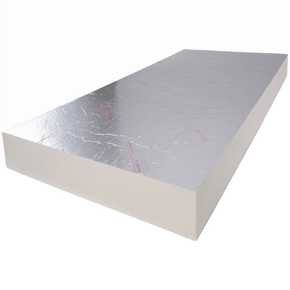 Celotex PIR insulation board XR4000, measuring 165mm x 2400mm x 1200mm, features a smooth white foam core with a reflective silver foil surface.