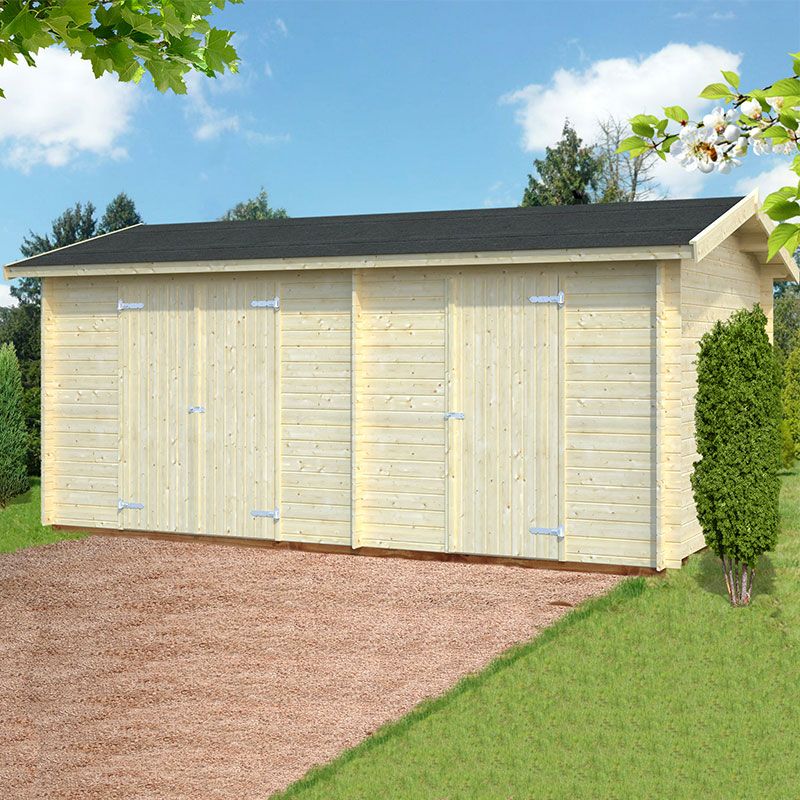 A large, wooden multi-room shed with a light wood finish, featuring double doors and a dark sloped roof, set on a gravel path surrounded by greenery.