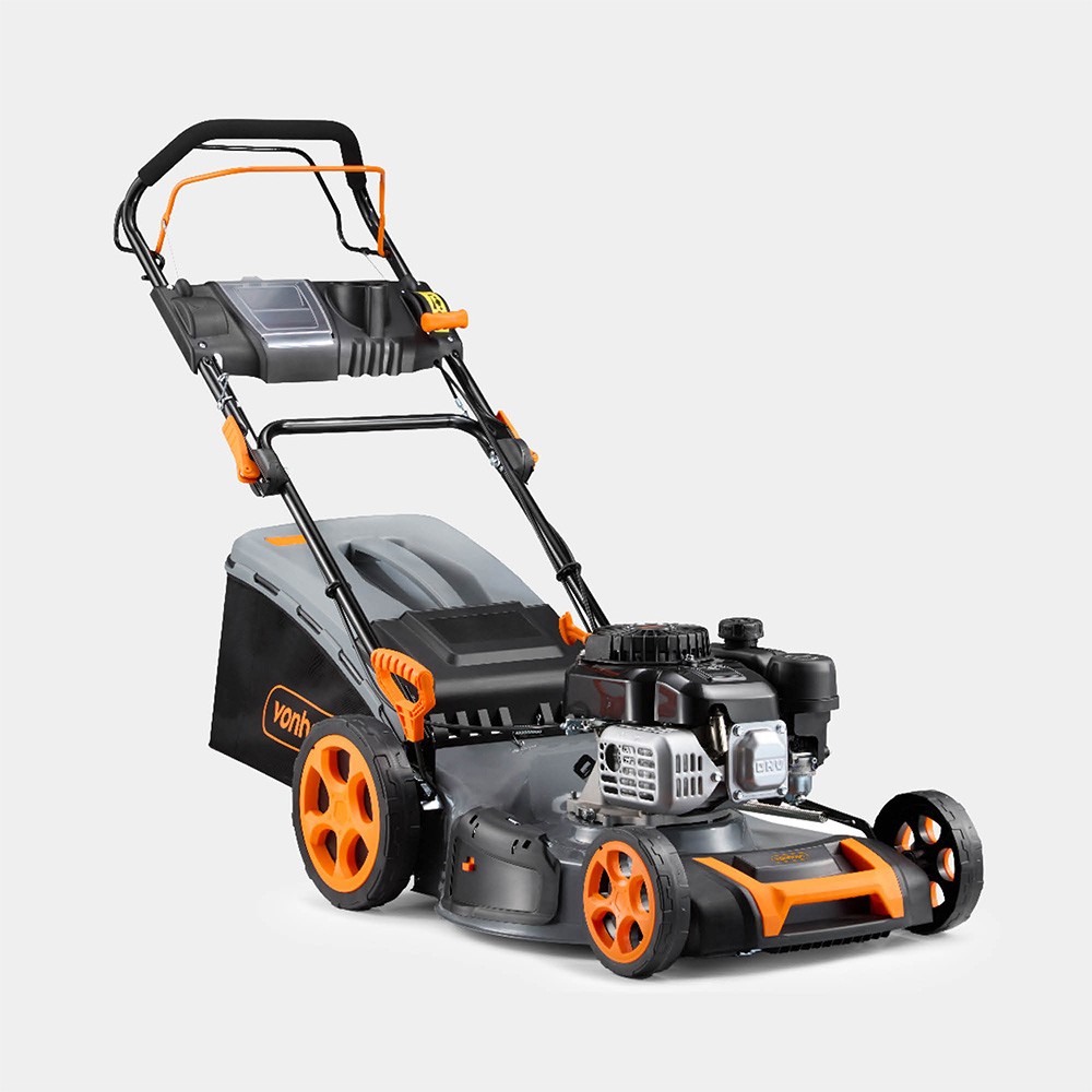 Orange and gray VonHaus 171cc petrol lawn mower with a black grass collection bag, sturdy wheels, and an adjustable handle for easy maneuverability.