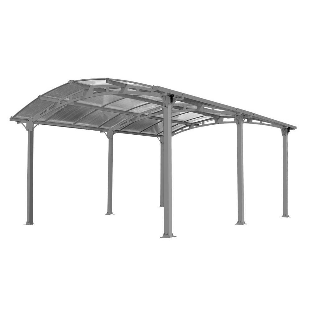 Gray metal carport with a curved roof, measuring 17'x12' (5.1x3.6m), featuring sturdy support beams and a sleek, modern design suitable for vehicle protection.