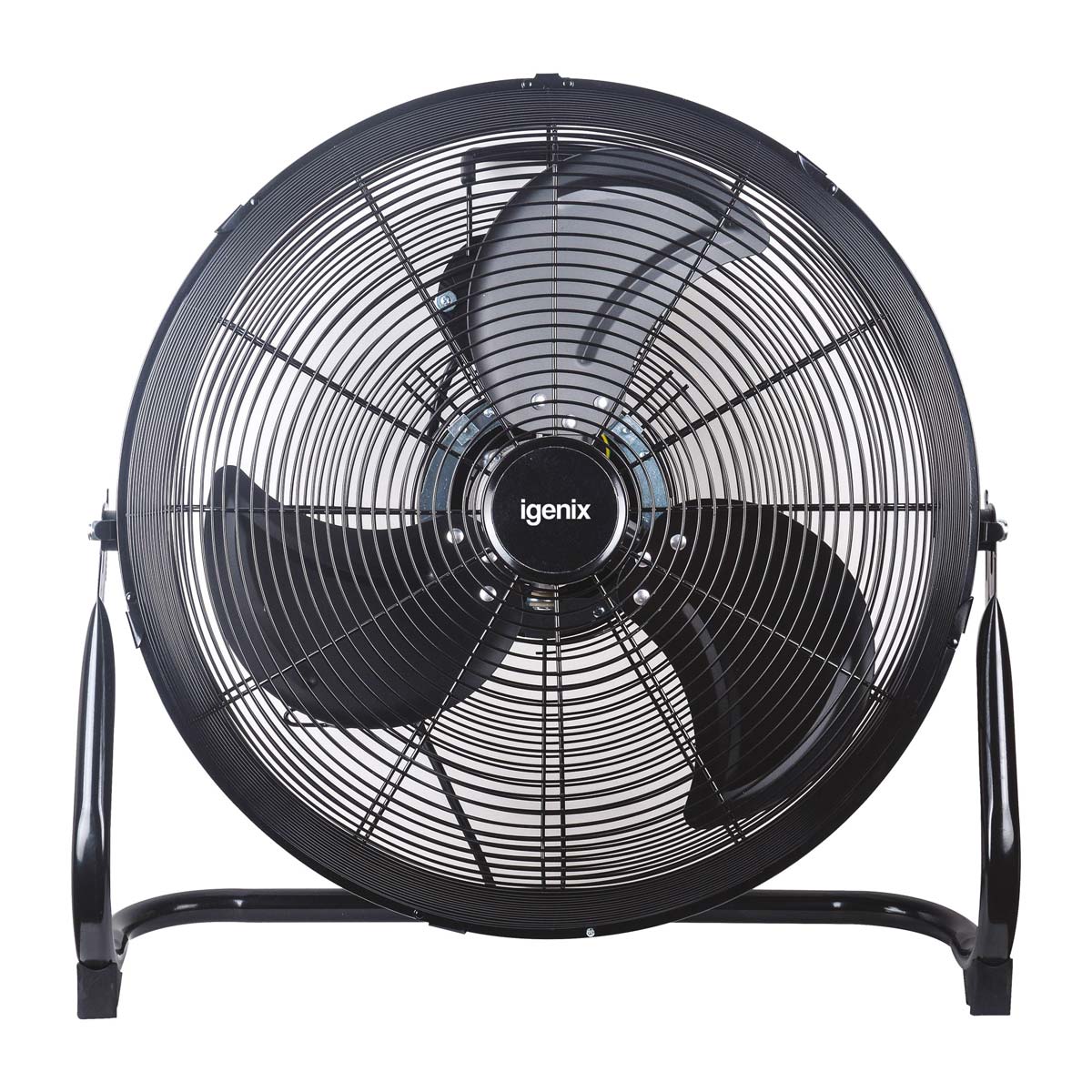 Black Igenix DF1800BL desk fan featuring a metal frame, three black blades, and a sturdy stand, designed for efficient airflow and adjustable speed settings.